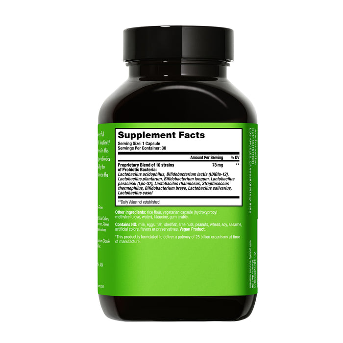 The Gut Instinct Probiotics by HUM Nutrition features a black bottle with a green label, detailing a proprietary 10-strain probiotic blend for digestive health, with each 70 mg serving contained in one capsule. There are 30 servings per container, promoting a gut microbiome-friendly regimen.