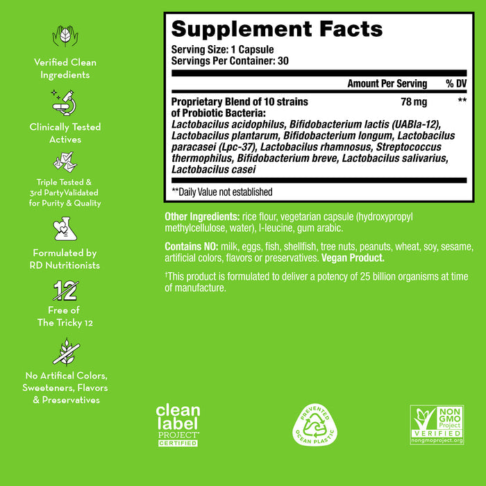 A probiotic supplement label showing ingredients and certification icons such as Clean Label Project, Non-GMO Project Verified, and Vegan Certified. Features details like serving size, probiotic strains, and absence of artificial ingredients or allergens.