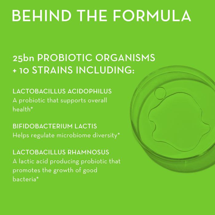 A green background image with the text "Behind the Formula." It lists "25bn Probiotic Organisms + 10 Strains Including: Lactobacillus Acidophilus, Bifidobacterium Lactis, Lactobacillus Rhamnosus." Next to the text is a petri dish with a liquid culture.