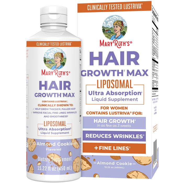 A bottle and box of MaryRuth's Hair Growth Max Liposomal, almond cookie flavor, supports thicker, fuller hair growth and smoother skin by reducing wrinkles.