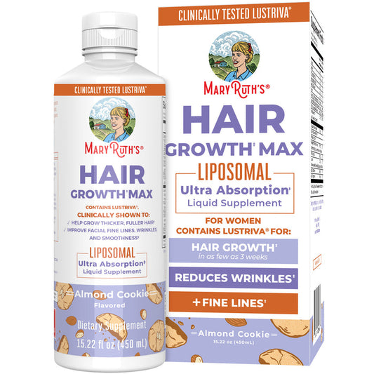 A bottle and box of MaryRuth's Hair Growth Max Liposomal, almond cookie flavor, supports thicker, fuller hair growth and smoother skin by reducing wrinkles.