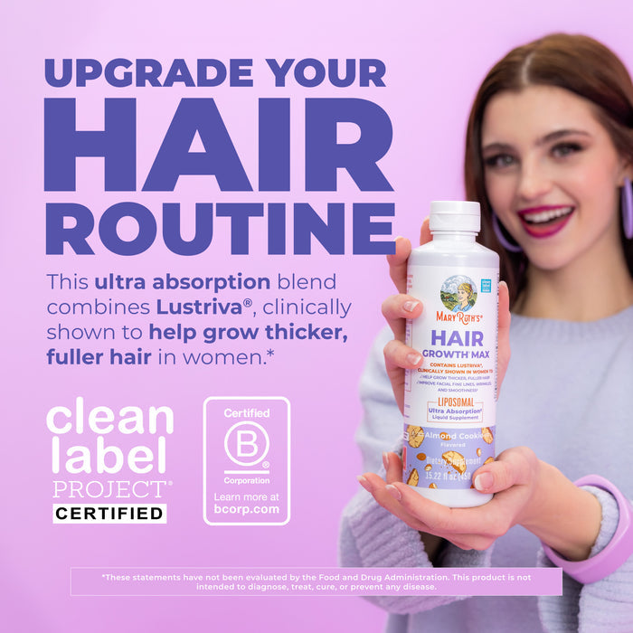A smiling woman with brown hair holds a bottle of MaryRuth’s Hair Growth Max Liposomal. Purple text urges upgrading your hair routine for thicker, fuller hair and better growth, with certification logos on a pastel purple background.