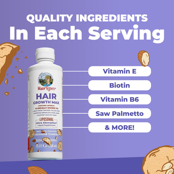 MaryRuth’s Hair Growth Max Liposomal supplement is displayed on a purple background with almond cookie graphics. Text highlights the key ingredients, supporting hair growth and promoting thicker, fuller hair for a vibrant appearance.