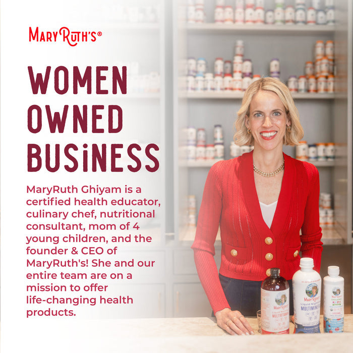 A smiling woman in a red cardigan stands by supplement bottles. Text identifies her as MaryRuth Ghiyam, CEO of MaryRuth's, a women-owned business offering Hair Growth Max Liposomal for smoother skin and thicker, fuller hair.