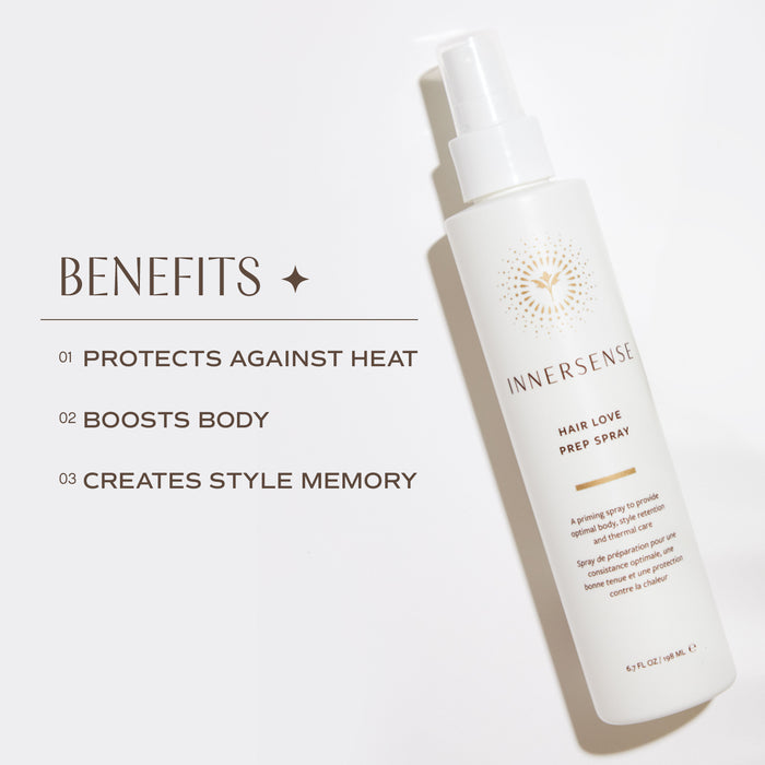 An Innersense Hair Love Prep Spray bottle is on the right, with text on the left detailing its benefits: protects against heat, boosts body, and creates style memory. The background is a light, neutral color.