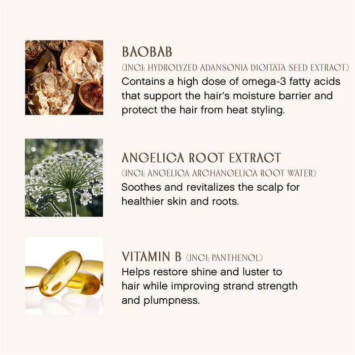A graphic describing hair care ingredients: Baobab shown with seeds, Angelica Root Extract with an umbel flower, and Vitamin B with capsules. Each ingredient lists benefits for moisture, scalp health, shine, and hair strength.