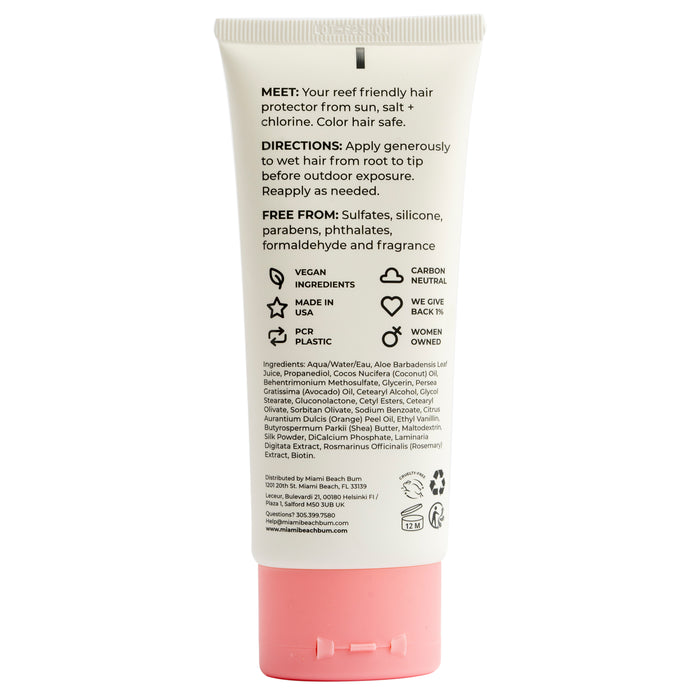 A tube of Miami Beach Bums Hair Shield against a white background displays its reef-friendly leave-in hair conditioner formula. The packaging emphasizes its safe for color-treated hair, vegan, carbon-neutral, and sulfate-free, including usage directions and an ingredients list.