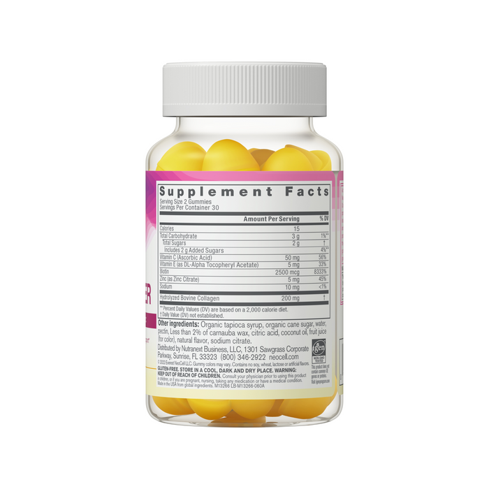 The clear bottle of NeoCell Hair, Skin & Nails Beauty Builder Gummies has a white cap and holds yellow capsules. The label lists supplement facts including calories, sugars, and biotin for healthy skin and nails.