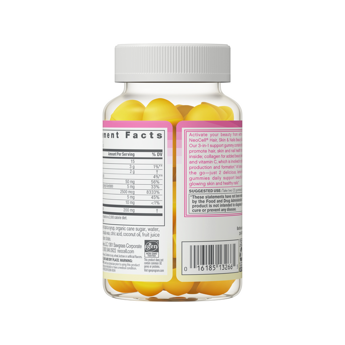 A clear plastic bottle with a white cap holds NeoCells Hair, Skin & Nails Beauty Builder Gummies, which support hair and nail health. The label shows supplement facts, including biotin, nutritional details, and ingredients; some text is visible but blurry.