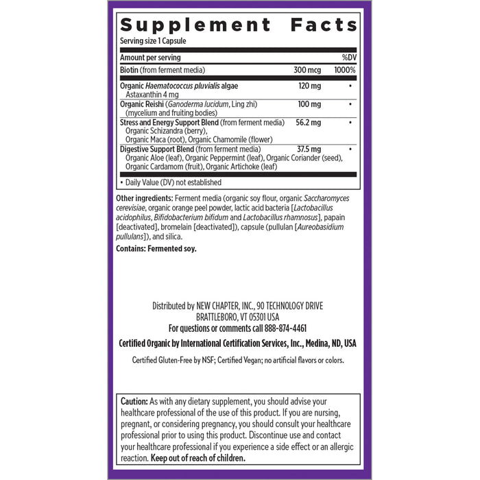 The supplement facts label for New Chapter’s Hair Skin & Nails capsule includes ingredients like iron, a digestive energy blend, maca root, ginger, turmeric, organic herbs, skin elasticity enhancers, probiotics, and Fermented Biotin. It also lists the manufacturer details and warns about allergens and children.