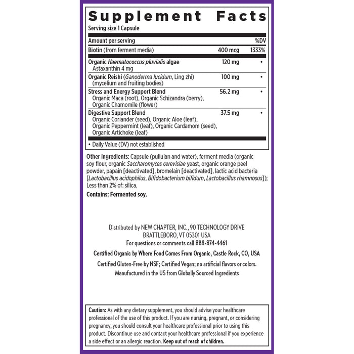 The supplement facts label for New Chapters Hair Skin & Nails, for Youthful Skin & Reduced Fine Lines includes 4 mg of Astaxanthin for skin elasticity, 400 mcg of Biotin, Organic Reishi, and other extracts. It contains fermented soy with all vegan and gluten-free ingredients for a holistic beauty boost.