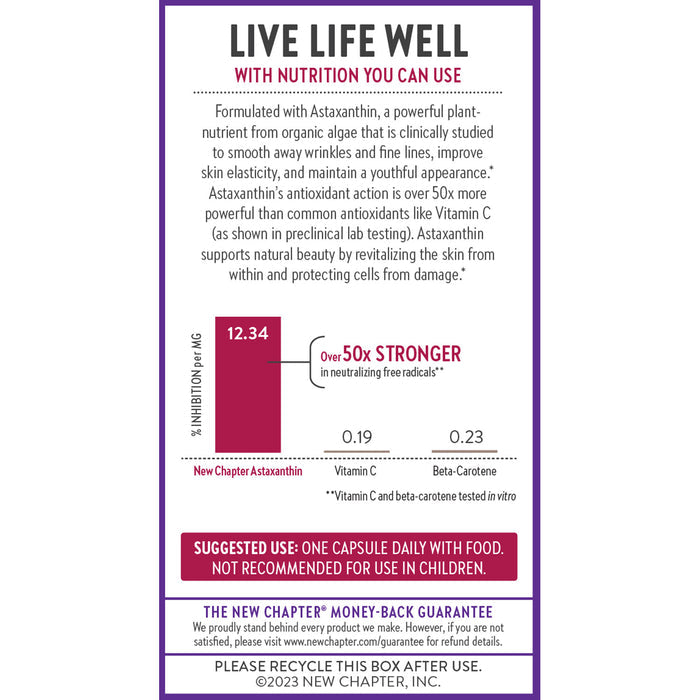 Infographic titled "Live Life Well with Nutrition You Can Use" highlights Astaxanthin's benefits. It states Astaxanthin is over 50x stronger than Vitamin C in neutralizing free radicals, emphasizing nutrition for anti-aging and skin revitalization.