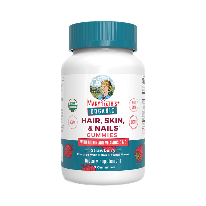 MaryRuths Hair, Skin & Nails Gummies come in a white bottle with 60 vegan gummies. Theyre non-GMO, USDA organic, and strawberry flavored, featuring biotin and vitamins C and E to naturally enhance your hair, skin, and nails.