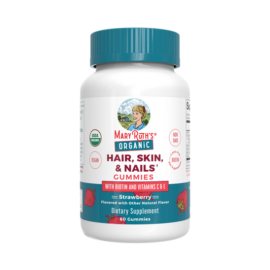MaryRuths Hair, Skin & Nails Gummies come in a white bottle with 60 vegan gummies. Theyre non-GMO, USDA organic, and strawberry flavored, featuring biotin and vitamins C and E to naturally enhance your hair, skin, and nails.