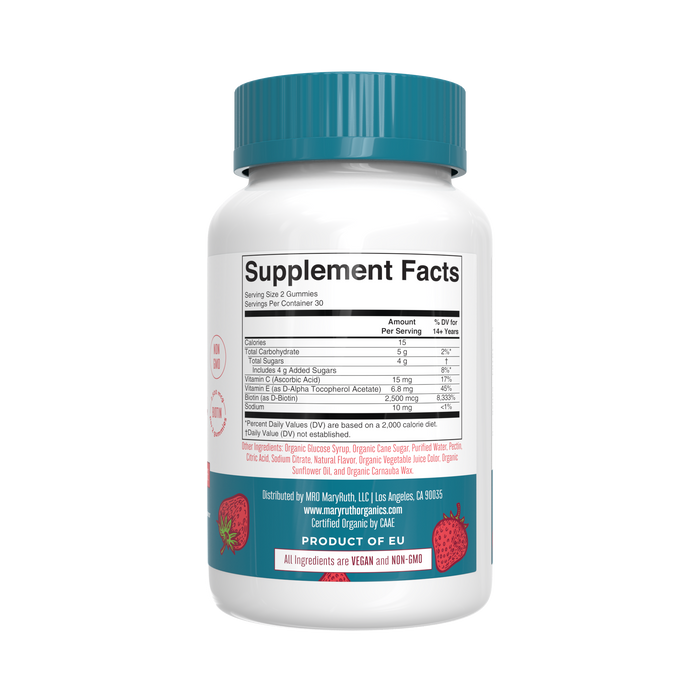 A white plastic bottle with a teal cap, labeled Supplement Facts, showcases nutritional info, ingredients, and distributor details. It features strawberry images to market MaryRuths vegan, non-GMO Hair, Skin & Nails Gummies for healthy hair, skin, and nails.