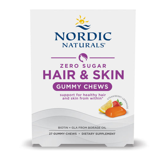 The Hair & Skin Support Gummy Chews by Nordic Naturals come in a white box with strawberry, lemon, and orange gummy imagery. Enjoy 27 biotin-rich chews in strawberry lemonade flavor designed to enhance hair and skin health with zero sugar.