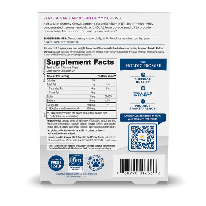 The image displays the back of Nordic Naturals Hair & Skin Support Gummy Chews, featuring supplement facts, usage suggestions, quality assurances, a QR code, and certifications for batch-tested quality and ingredient transparency.