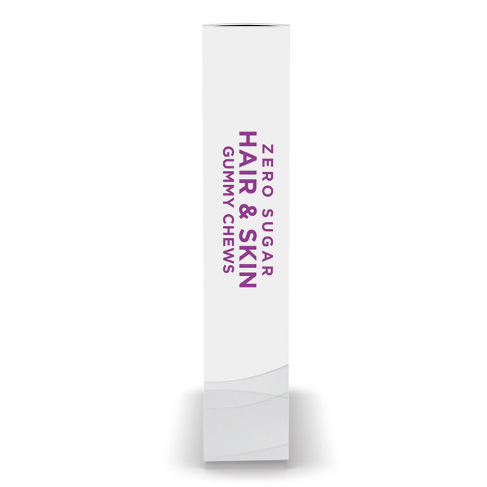 A tall, rectangular white box with purple text reads Hair & Skin Support Gummy Chews by Nordic Naturals on the side, enriched with biotin for enhanced wellness.