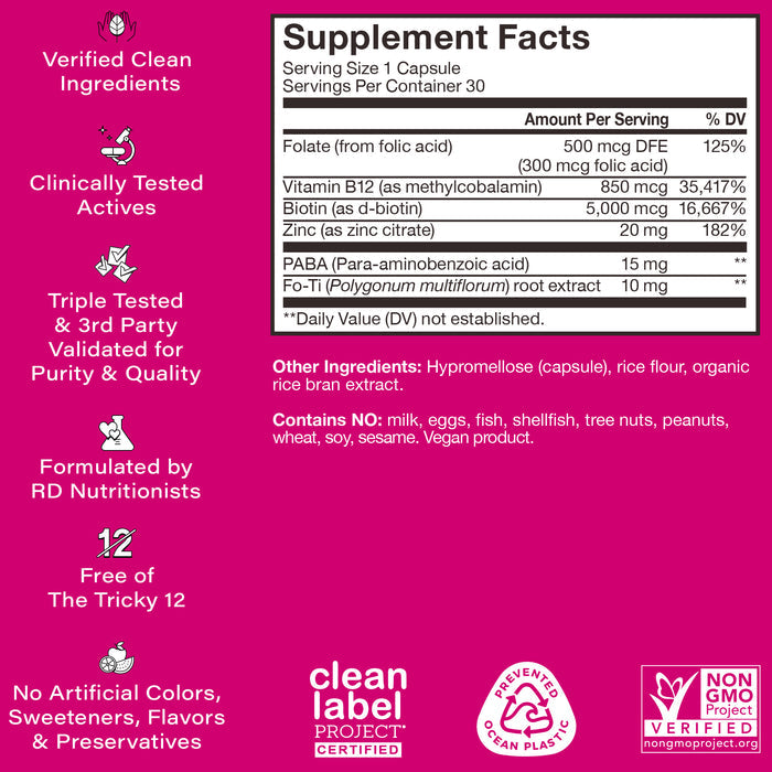 A pink product label for a dietary supplement. Includes supplement facts, stating folic acid, vitamin B12, biotin, PABA, and organic rice flour. Features icons for "Verified Clean Ingredients" and "non-GMO project certified.