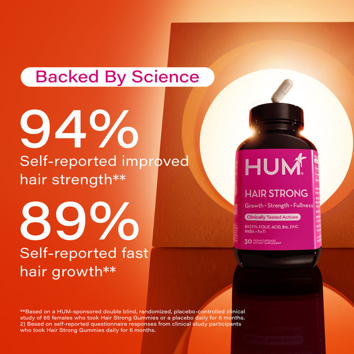 A bottle of HUM Hair Strong Gummies is placed on a glossy orange surface with a round light feature in the background. Text highlights 94% self-reported improved hair strength and 89% self-reported fast hair growth.