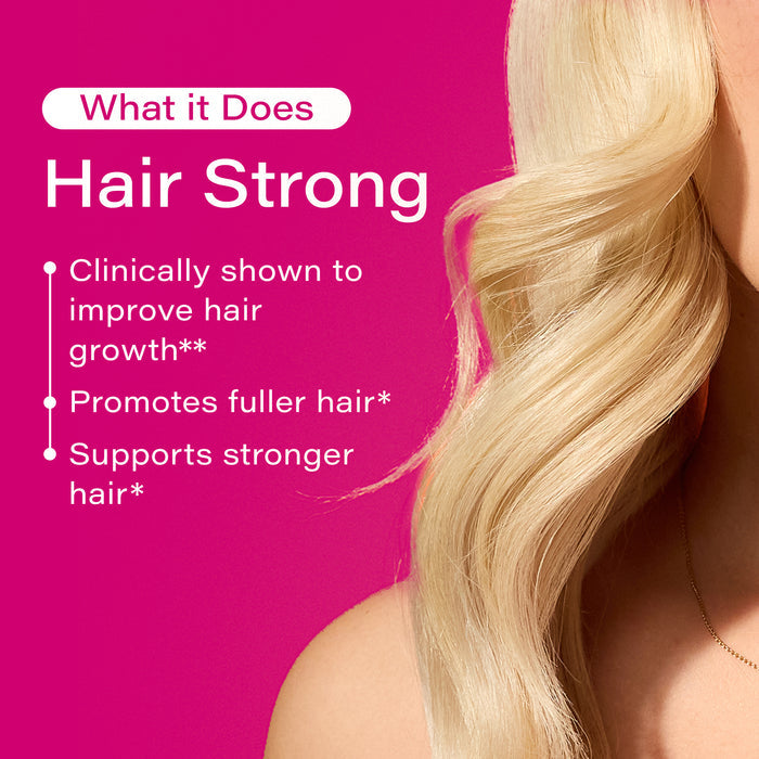 A marketing image featuring a section of a woman's blonde hair against a pink background. Text highlights benefits of a product: "Clinically shown to improve hair growth," "Promotes fuller hair," and "Supports stronger hair.