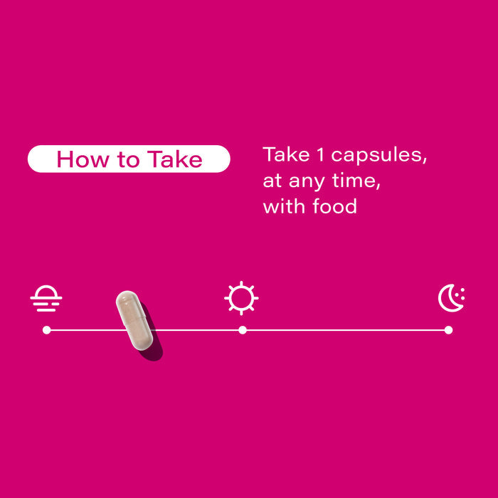 Instructions on a pink background showing how to take a capsule. Includes symbols for morning, afternoon, and night, with text saying "Take 1 capsule, at any time, with food." A single capsule is placed on the timeline.