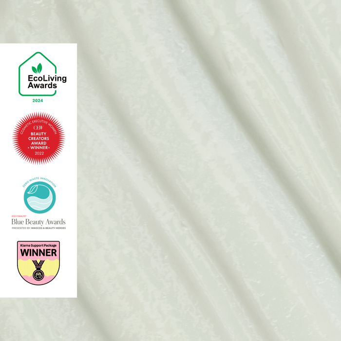 Textured, light gray background with four award logos on the left: EcoLiving Awards 2024, Global Green Beauty Awards 2022, Blue Beauty Awards, and a Eurosep Products Package Winner seal.