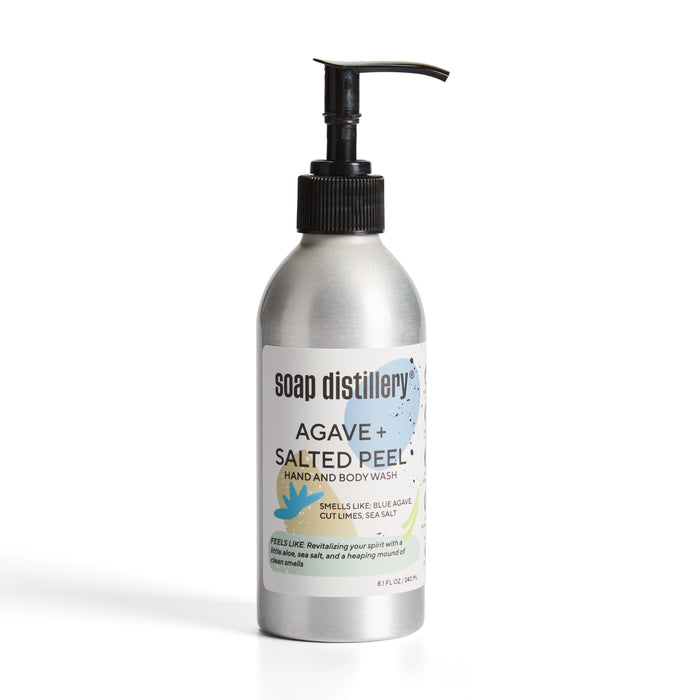 The Soap Distillery Hand + Body Wash comes in a silver aluminum bottle with a reusable black pump dispenser. It features the refreshing fragrance of blue agave and sea salt. The Agave + Salted Peel scented body wash revitalizes hands and has an 8 fl oz (237 mL) capacity.
