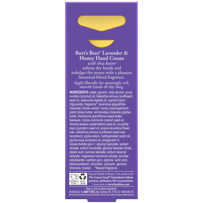 The image shows the back of a Burts Bees Hand Cream with Shea Butter package in lavender & honey. It emphasizes the softening qualities of shea butter, details botanical fragrances, and provides product information on the purple packaging.