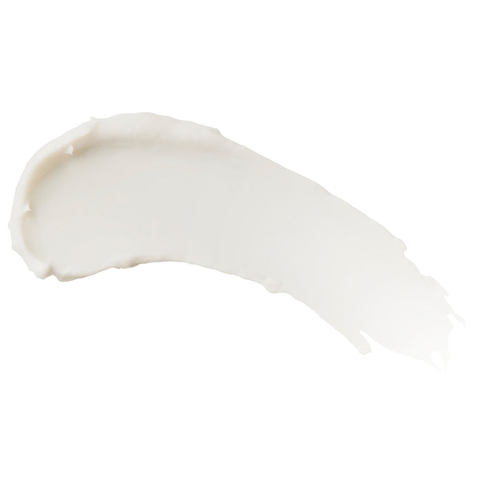 A smooth, creamy white smear of Burts Bees Hand Cream with Shea Butter on a white background highlights its glossy and thick texture.