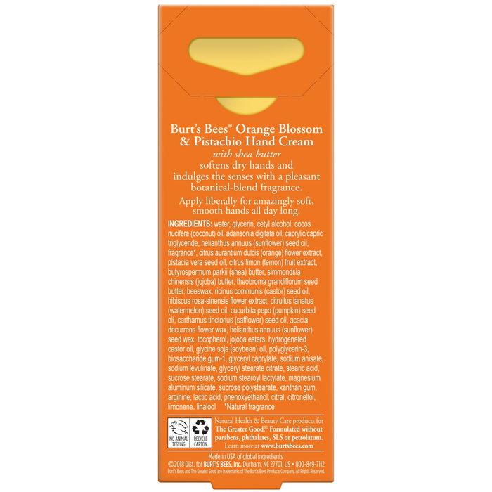 The image shows the back of a Burts Bees Hand Cream with Shea Butter package, featuring the product description, ingredients like Shea Butter, usage instructions, and company details in orange text on a white background.