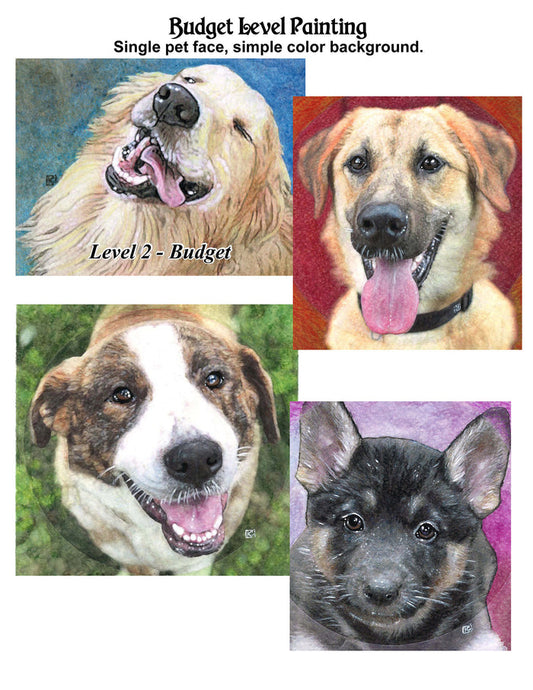 Budget Level Painting collage of four dog portraits on colored backgrounds.