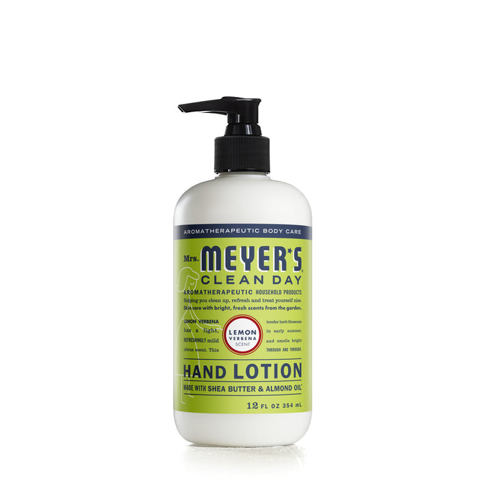 Mrs. Meyers Hand Lotion, in a lemon verbena scent, comes with a pump dispenser. This 12 fl oz (354 ml) lotion includes shea butter and almond oil and features a vibrant green and yellow label.