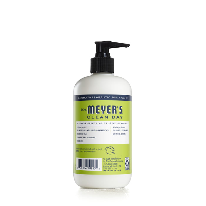 Mrs. Meyers Hand Lotion comes with a black pump dispenser and features a green and white label highlighting its aromatherapeutic properties. This rich formula, which includes shea butter and almond oil, nourishes your skin effectively while brand and product details remain clearly visible.