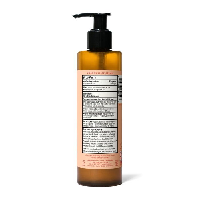 A brown plastic bottle of Grove Co. Hand Sanitizer Gel with a black pump dispenser and a detailed label listing drug facts, active ingredients like ethyl alcohol, usage directions, and warnings.