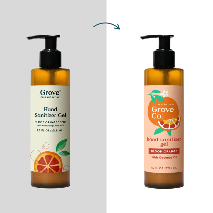 Two 7.5 fl oz bottles of Grove Co. Hand Sanitizer Gel eliminate 99.9% of germs, feature bright designs, and a natural blood orange fragrance. One offers a beige citrus label while the other presents a white orange slice graphic.