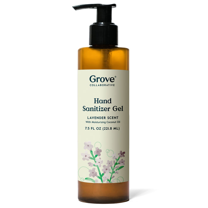 A 7.5 fl oz (221.8 ml) Grove Co. Hand Sanitizer Gel in a brown bottle with a pump dispenser features natural fragrance, lavender illustrations, and reads Lavender Scent with Moisturizing Coconut Oil, promising to eliminate 99.9% of germs.