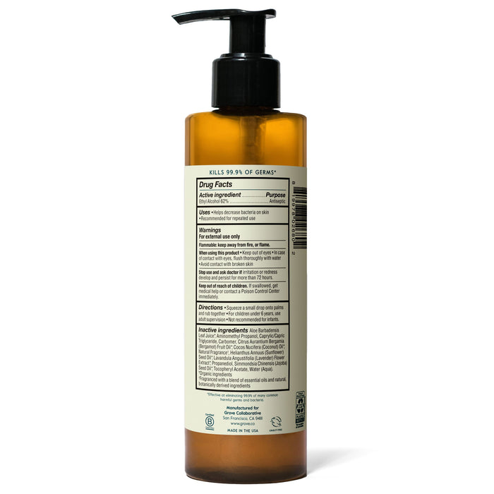 Grove Co. Hand Sanitizer Gel comes in a brown bottle with a black pump, labeled Kills 99.9% of Germs and infused with a natural fragrance. The back displays drug facts, active ingredients, and directions in black text on a white background.