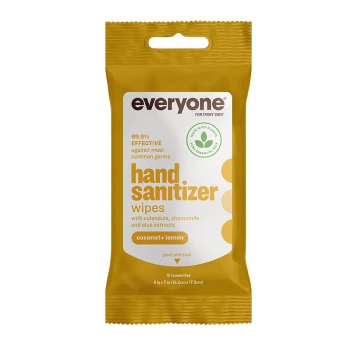 A packet of yellow Everyone Hand Sanitizer Wipes, featuring a coconut-lemon scent, includes 15 towelettes that eliminate 99.9% of common germs and are enriched with calendula, chamomile, and aloe extracts for soothing use.