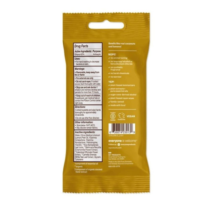The yellow packaging of Everyones Hand Sanitizer Wipes features drug facts, warnings, directions, and ingredients. Infused with lemon and coconut essence, it also highlights cruelty-free, vegan, and recycling icons. Brand slogan: Everyone is welcome.