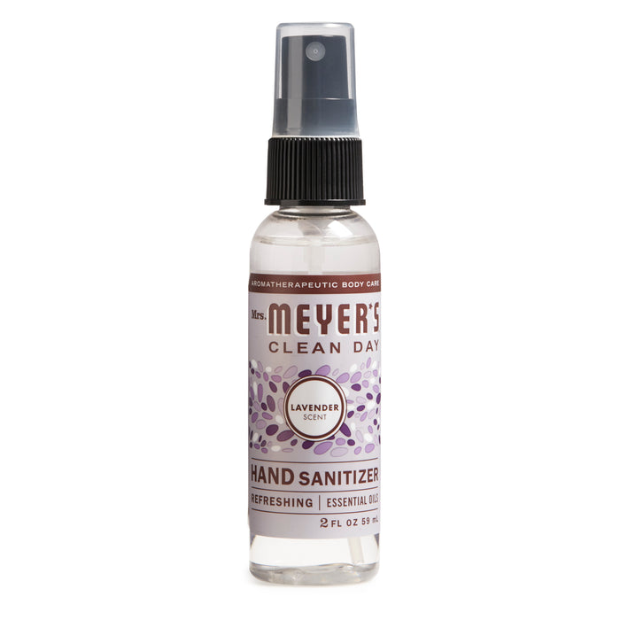 Mrs. Meyers Hand Sanitizer contains 62% ethyl alcohol and comes in a 2 fl oz (59 mL) clear bottle with lavender illustrations and a convenient spray nozzle.