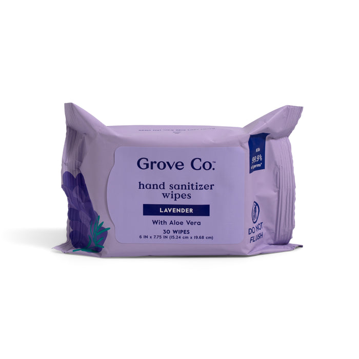 A lavender pack of Grove Co. Hand Sanitizing Wipes - Kills 99.9% of Germs (VIP), 30 count, with moisturizing aloe and 65% alcohol. Features lavender scent, graphics, and a do not flush notice on the packaging.