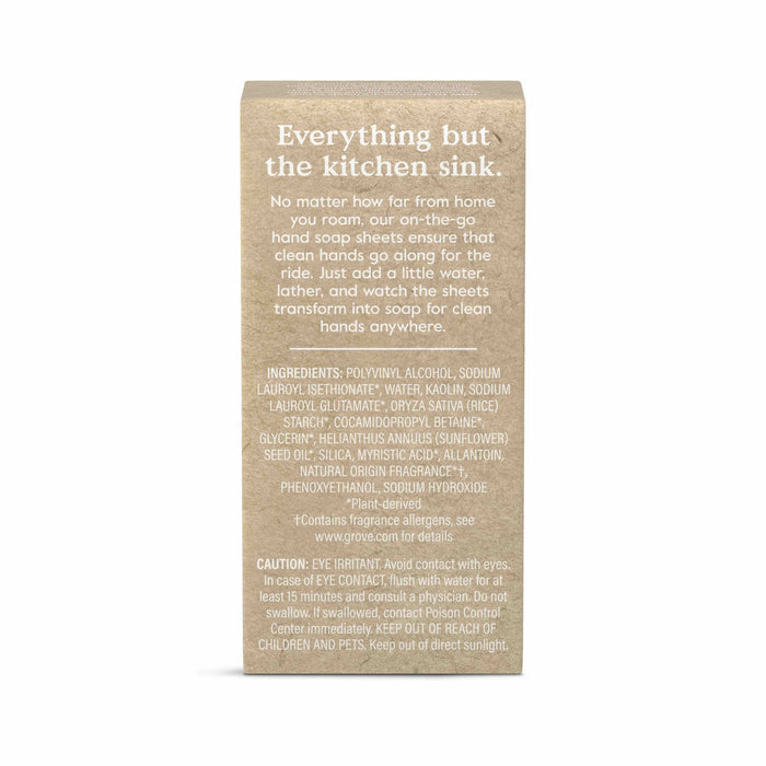 A brown box with white text describes Grove Co. Hand Soap Sheets (40 Washes) (VIP), featuring a natural fragrance, listing ingredients and usage warnings, with growco.com displayed at the bottom.