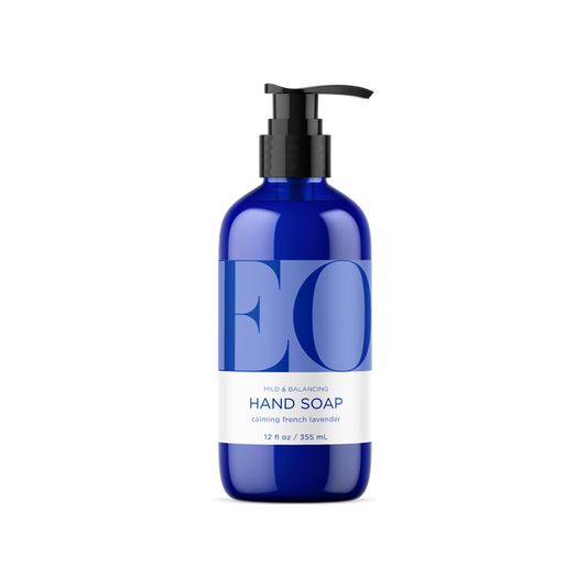 EO Products Hand Soap comes in a 12 fl oz (355 ml) blue bottle with a black pump, infused with calming French lavender for aromatherapy benefits and supports skins microbiome balance.