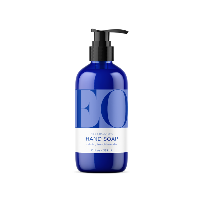 EO Products offers a Mild & Balancing Hand Soap in a 12 fl oz blue bottle with a pump, featuring French Lavender scent and aromatherapy benefits for a balanced microbiome.