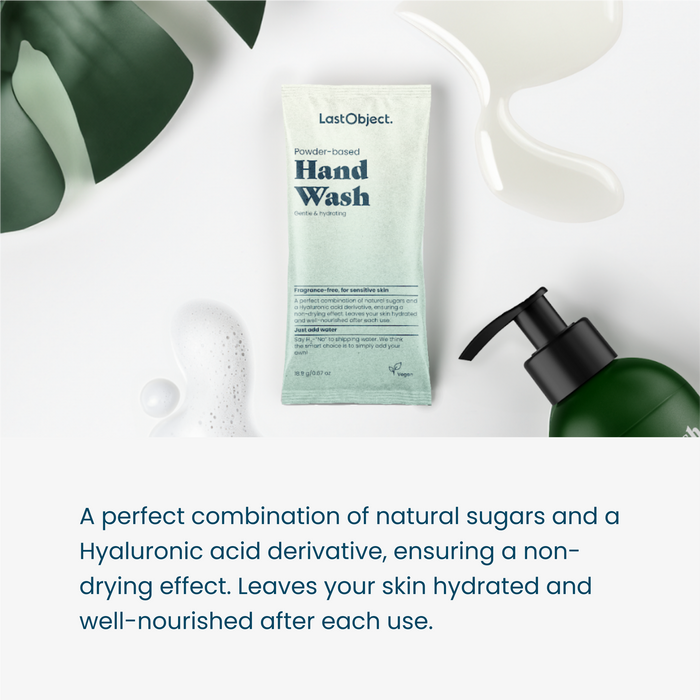 A packet of LastObject Hand Wash powder lies in the center, surrounded by leaves, a sud of foam, and a green pump bottle. Below, a description reads: "A perfect combination of natural sugars and a Hyaluronic acid derivative, ensuring a non-drying effect. Leaves your skin hydrated and well-nourished after each use.