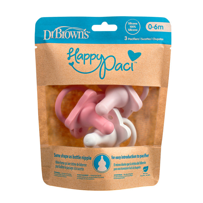Dr. Browns HappyPaci for 0-6 months includes three 100% silicone pacifiers with a butterfly shield in pink and white, visible through a clear window in the brown packaging. Easy to clean and perfect for your baby.