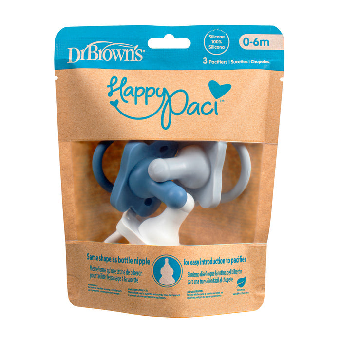 Dr. Browns HappyPaci, 100% Silicone Pacifier for infants 0-6 months, comes in packaging featuring a butterfly-shaped shield with three pacifiers in soft blue and white. The design, resembling a bottle nipple for easy adoption and cleaning, is presented with blue and white text on a brown background.
