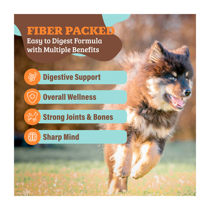A fluffy dog runs energetically across grass. The text highlights a fiber-packed pet formula with benefits for digestive support, overall wellness, strong joints and bones, and a sharp mind.