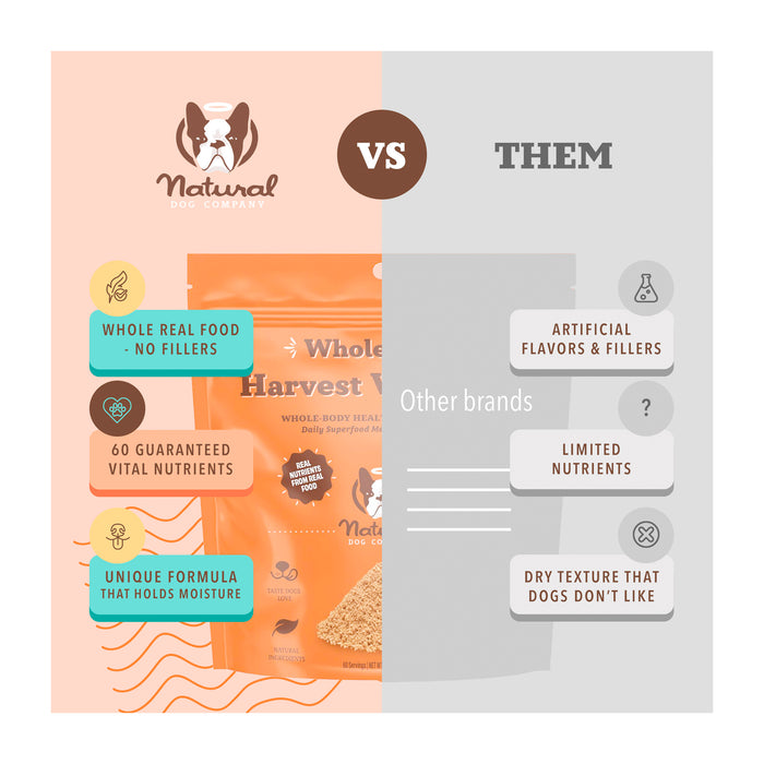 A comparison image of dog food brands. On the left, "Natural Dog Company" features whole real food, no fillers, 60 vital nutrients, and a texture retaining moisture. On the right, "Other brands" show artificial fillers, limited nutrients, and dry texture.